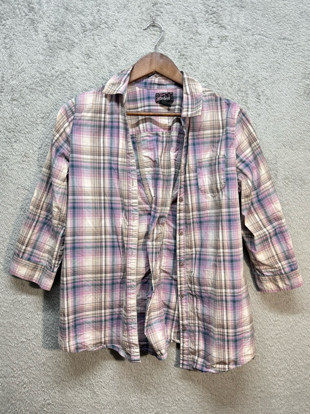 Confess Plaid Button Down Shirt Purple Pink Grey Large